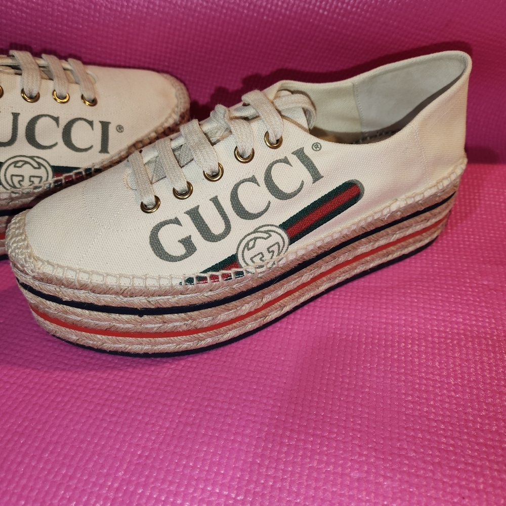 Gucci Cream Canvas Platform Sneakers with Red and Green Stripes